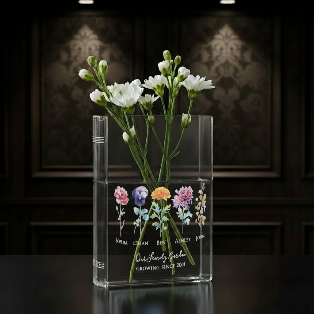 Personalized Birth Flower Vase for Mom Grandma, Book Shaped Acrylic Vase for Flowers, Custom Kids Name Clear Vase, Mothers Day Gift