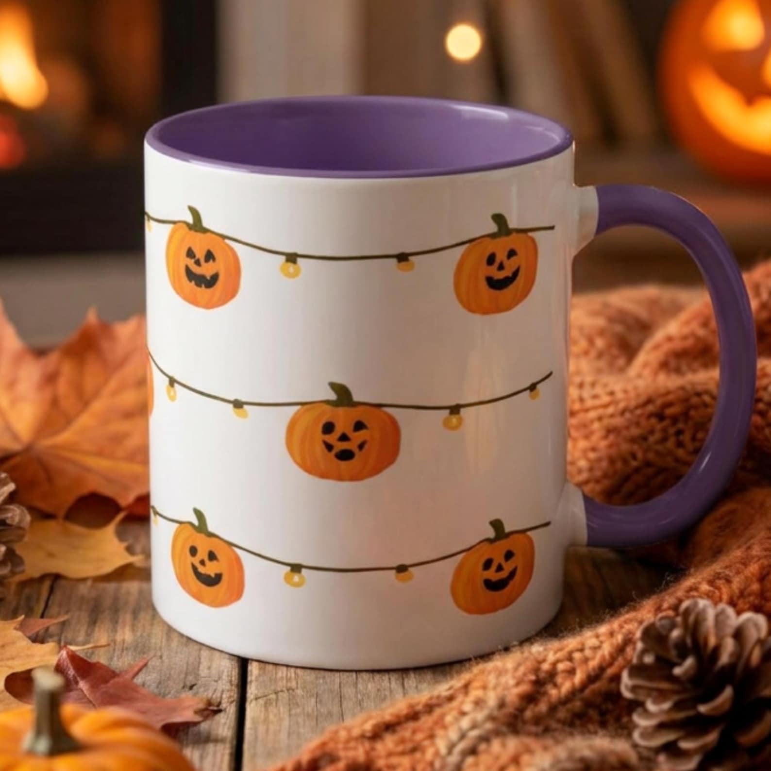 Jack O Lantern String Lights Mug, Cute Halloween Pumpkin Coffee Cup, Halloween Gift For Her, Spooky Season Mug, Cute Pumpkin Halloween Gift. MPETAL3