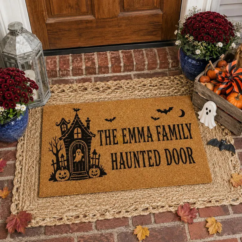 Halloween Doormat Haunted House Front Door Mat with Bats Moon and Pumpkins, Spooky Porch Decor, Gift for Halloween Family Entryway. DMPETAL8