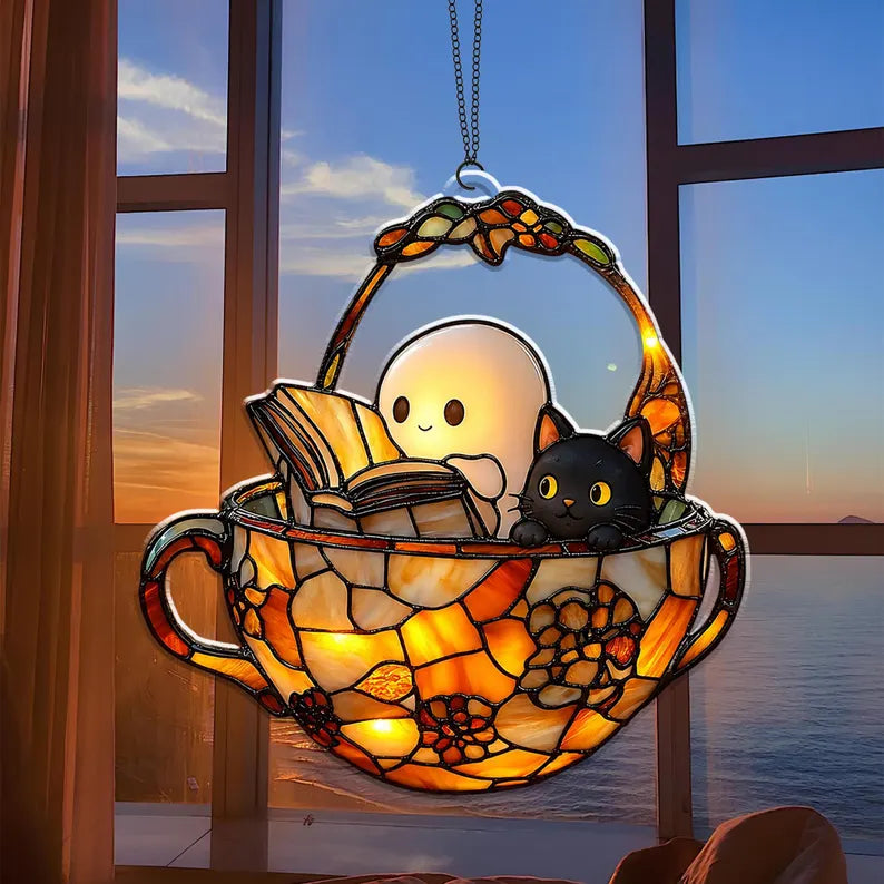 Cute Ghost Reading Book And Black Cat Acrylic Ornament, Halloween Window Hanging, Halloween Bookish Gift, Cat Lover Gift, Book Lover Gift. HSPETAL3