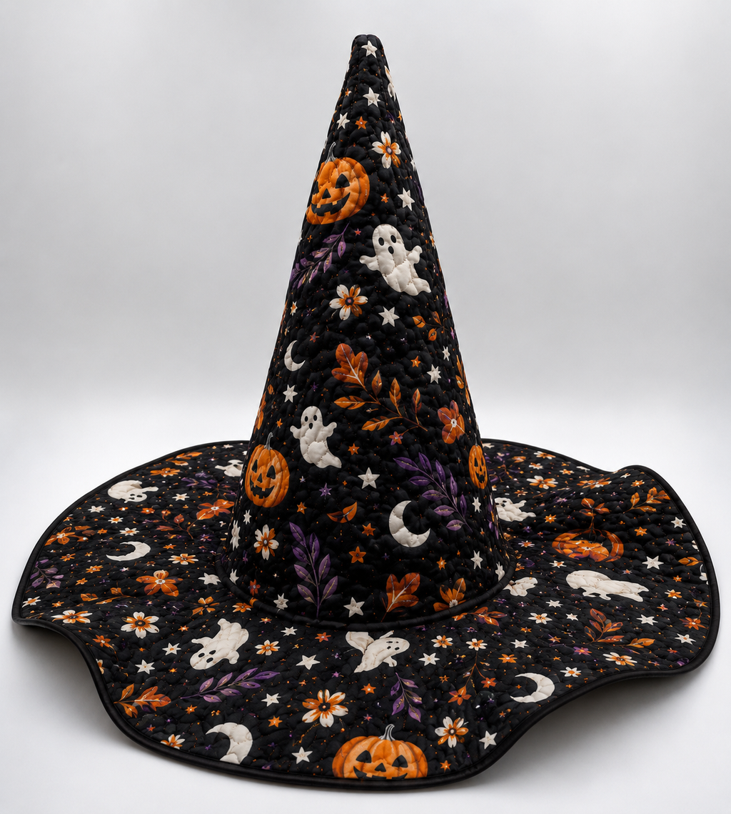 Halloween Quilted Witch Hat for Women – Black Ghost Pumpkin Witch Costume Hat with Soft Padded Quilted Design. QWHPETAL2