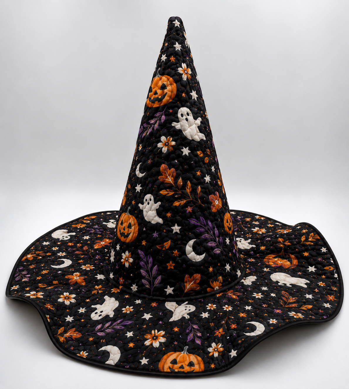 Halloween Quilted Witch Hat for Women – Black Ghost Pumpkin Witch Costume Hat with Soft Padded Quilted Design. QWHPETAL2
