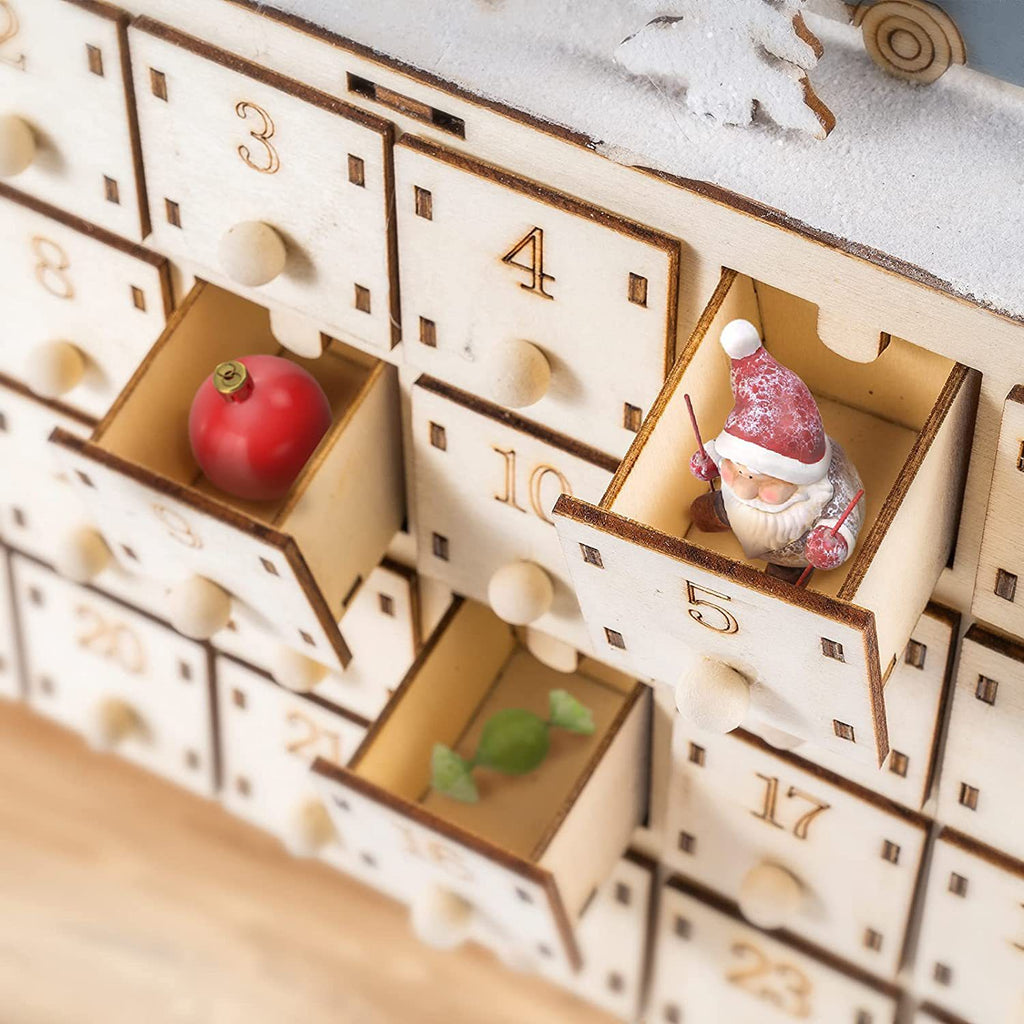 Wooden Christmas Advent Calendar with 24 Drawers, Santa Sleigh Reindeer Village Holiday Countdown Decor – ACPETAL05
