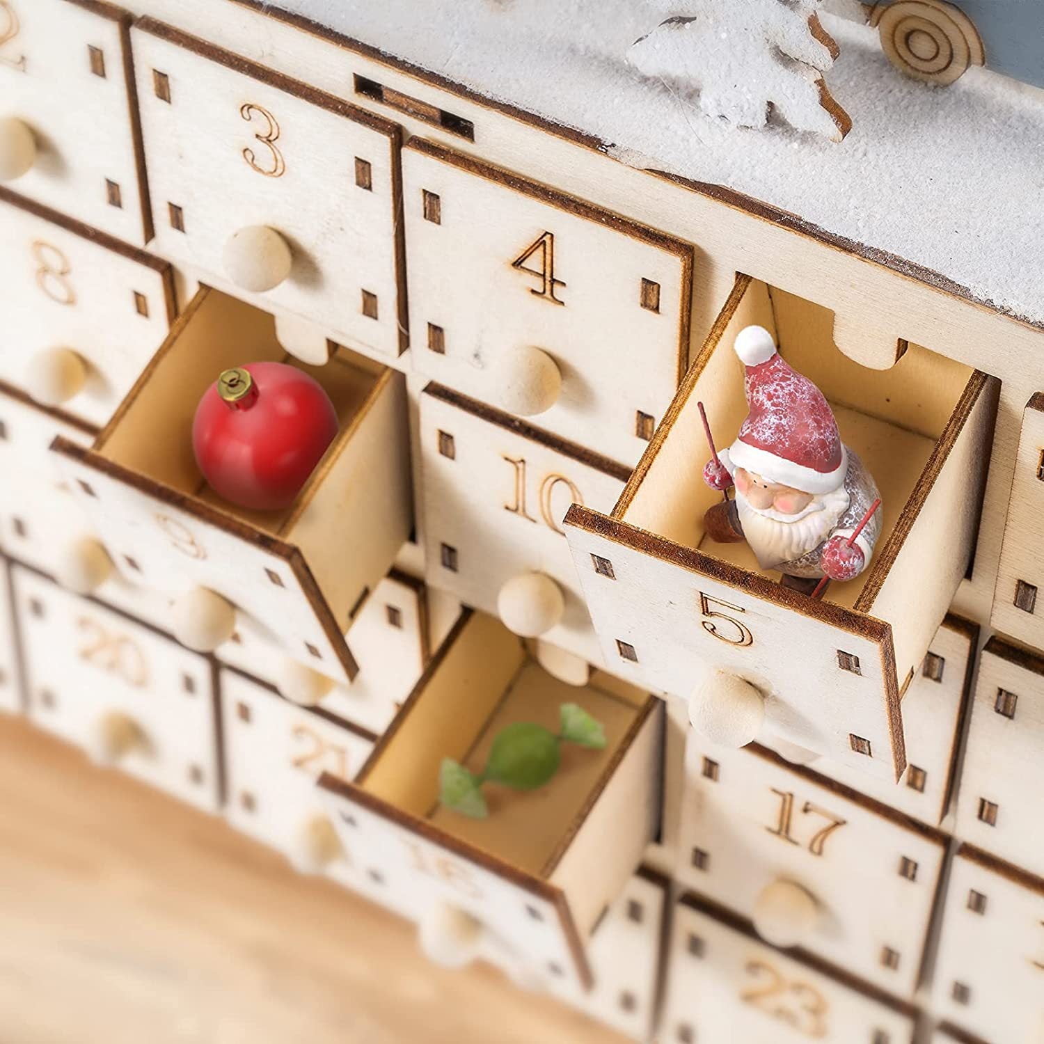 Wooden Christmas Advent Calendar with 24 Drawers, Santa Sleigh Reindeer Village Holiday Countdown Decor – ACPETAL05