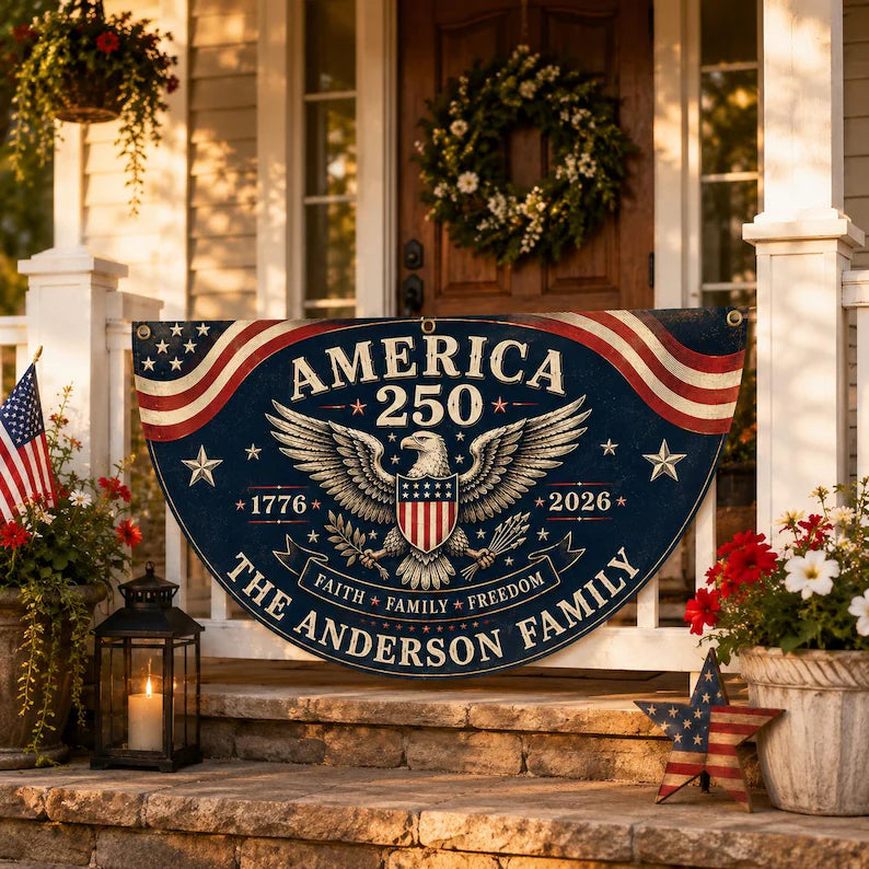 Custom 250th Anniversary Fan Flag, Personalized Family Name Patriotic Bunting, 1776-2026 USA Porch Decoration, Outdoor Patriotic Decor BPETAL09