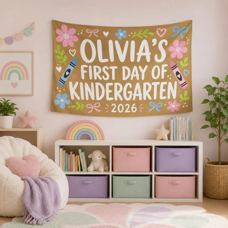 Custom First Day of Kindergarten Banner, Personalized Kid Name School Backdrop, Coquette Floral Back to School Photo Sign, 2026 Gift. CBPETAL10