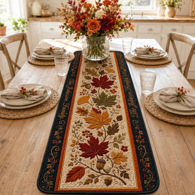 Autumn Leaves Quilted Table Runner, Fall Maple Leaf and Acorn Table Decor, Thanksgiving Dining Room Centerpiece. QTRPETAL8