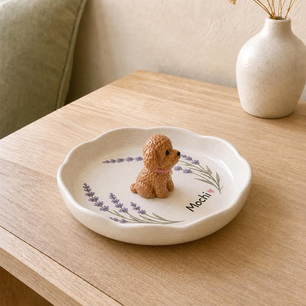 Custom Ceramic Pet Ring Dish, Handmade Dog Cat Jewelry Tray, Lavender Keepsake Storage. CPPETAL13