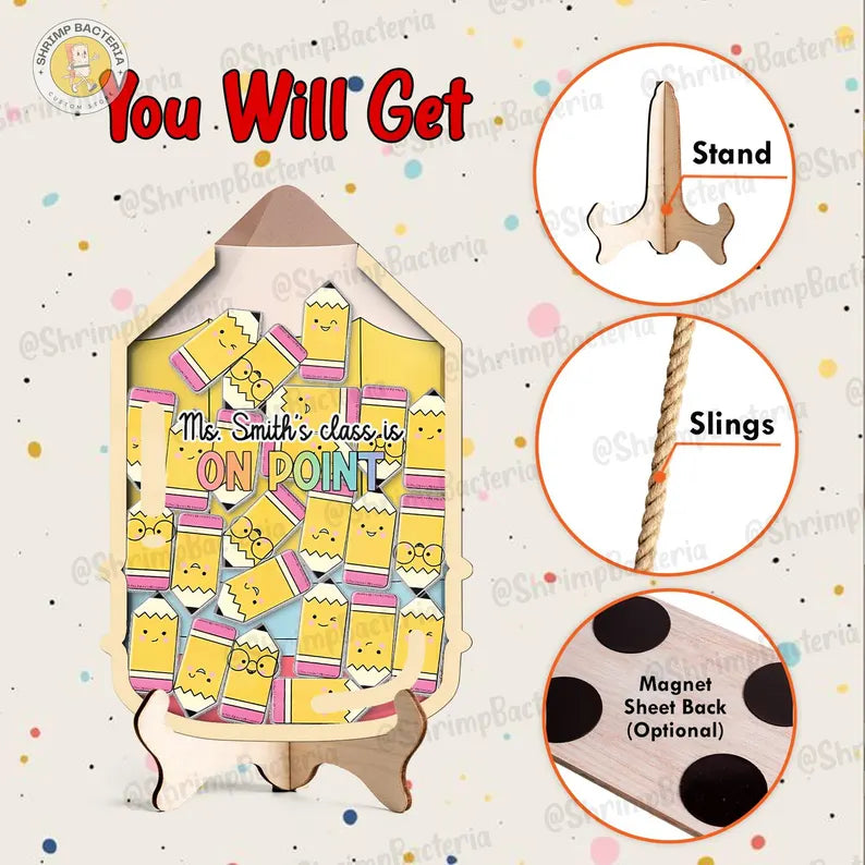 Magnetic Reward Jar with Pencil Tokens, Colorful Classroom Decor, Custom Name Composition Notebook Jar for Teacher, Back to School Gifts. RJPETAL05