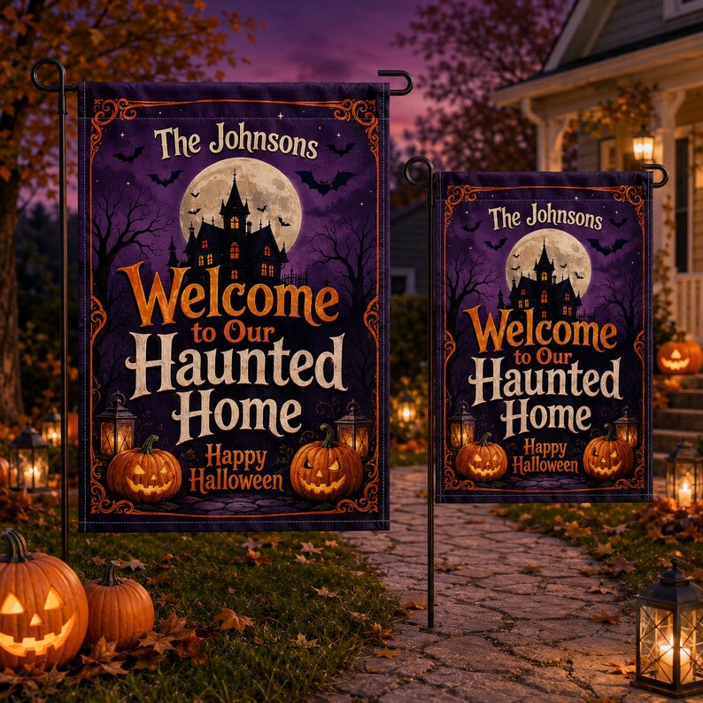 Personalized Halloween Garden Flag, Custom Family Name Yard Flag, Welcome to Our Haunted Home, Pumpkin Outdoor Porch Lawn Decor. HLWGFPETAL9