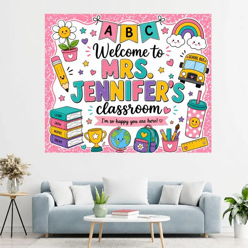Personalized Teacher Welcome Tapestry, Teacher Banner Sign Back to School, Classroom Banner Decor, Custom Teacher Gift, First Day Of School. CBPETAL02