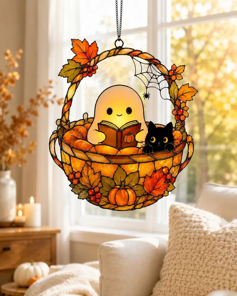 Ghost Reading Book Suncatcher, Ghost And Black Cat in Teacup Acrylic Suncatcher, Book Lover Gift, Ghost Reading Suncatcher Ornament. HSPETAL9