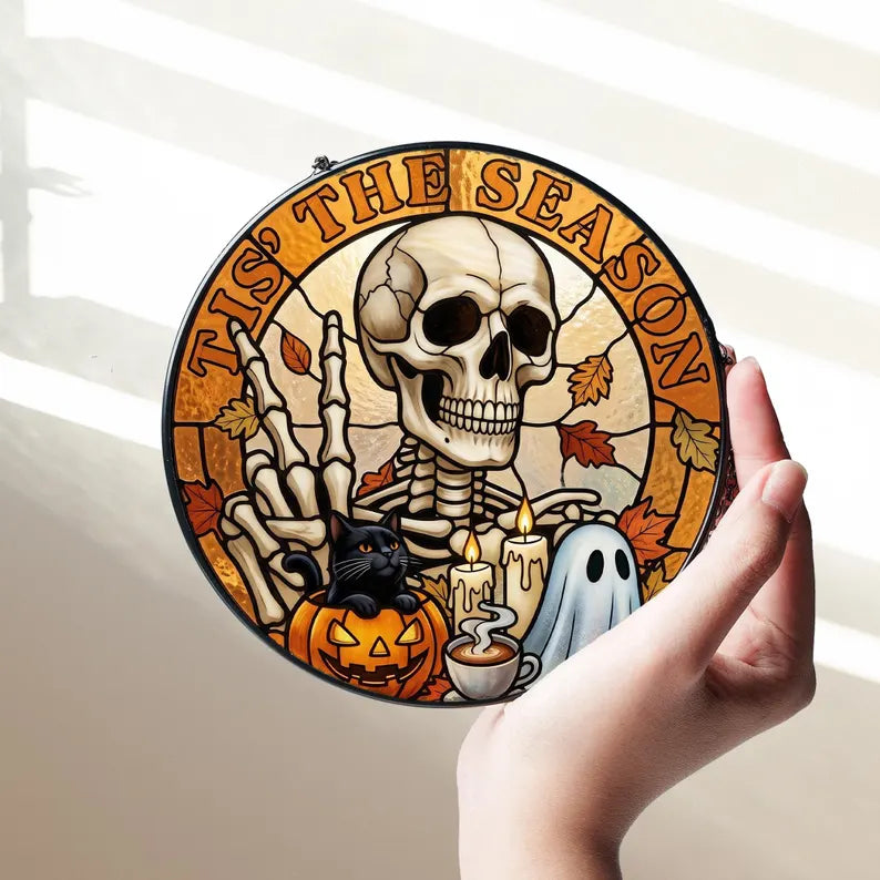 Tis The Season Stained Glass Suncatcher, Cute Skeleton Halloween Window Hanging Decor, Cozy Autumn Ghost Pumpkin Ornament,Spooky Season Gift. HSPETAL5