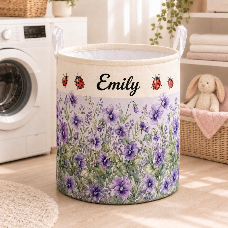 Personalized Birth Month Flower Quilted Laundry Basket, Custom Birth Flower Name Storage Basket, Bookworm Gift For Her LBPETAL151