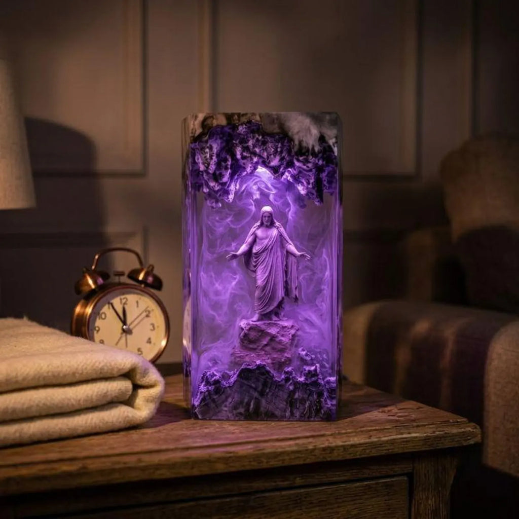 Jesus Cloud Resin Lamp, Ethereal Christian Night Light, Religious Home Decor, Spiritual Gift for Family, Wood Epoxy Art. RLPETAL20