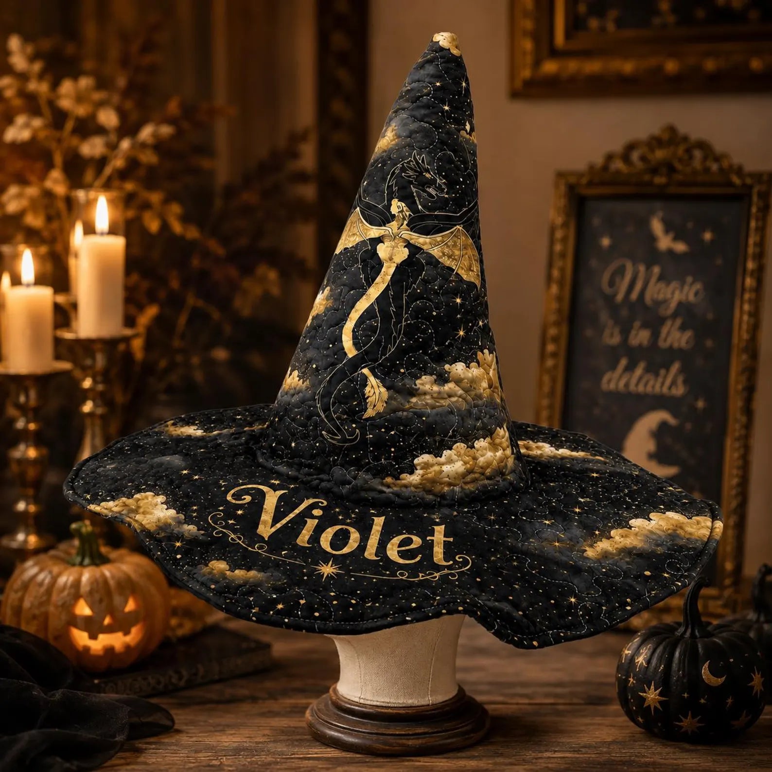 Personalized Witch Hat, Custom Name Halloween Hat, Quilted Wide Brim Witch Costume, Black Gothic Wizard Hat, Adult Halloween Accessory. QWHPETAL24