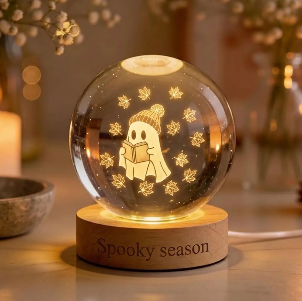 Spooky Season Ghost Lamp, 3D Engraved Bookish Ghost Crystal Sphere, Cozy Fall Room Decor, Halloween Bookworm Gift, Autumn Leaves Night Light. LEDPETAL19