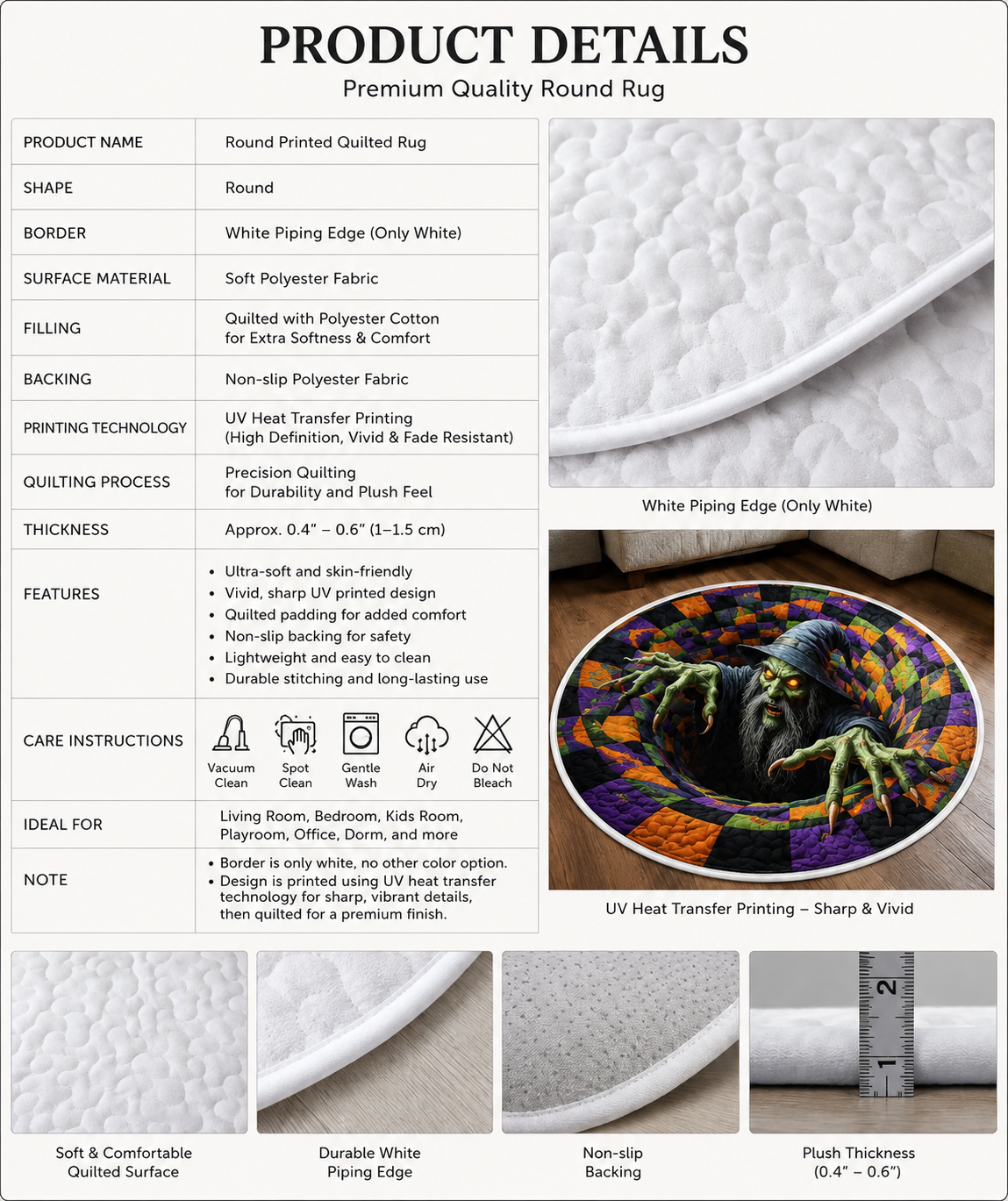 3D Skeleton Halloween Rug, Round Spooky Area Rug, Optical Illusion Floor Mat, Creepy Haunted House Decor. QRPETAL10