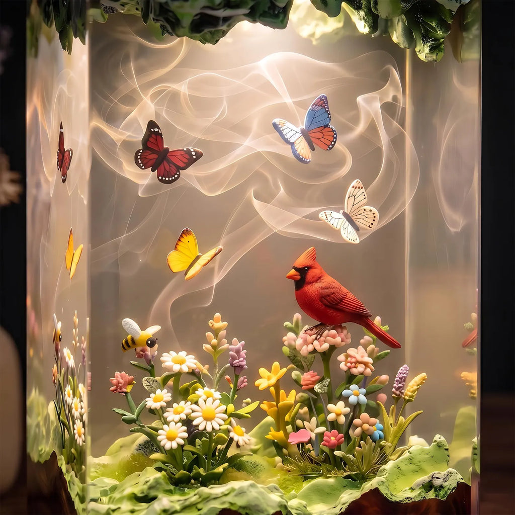 Red Cardinal Memorial Resin Lamp, Heavenly Garden Scene, Butterfly and Floral Night Light, Handmade Epoxy Decor, Christmas Gift. RLPETAL14