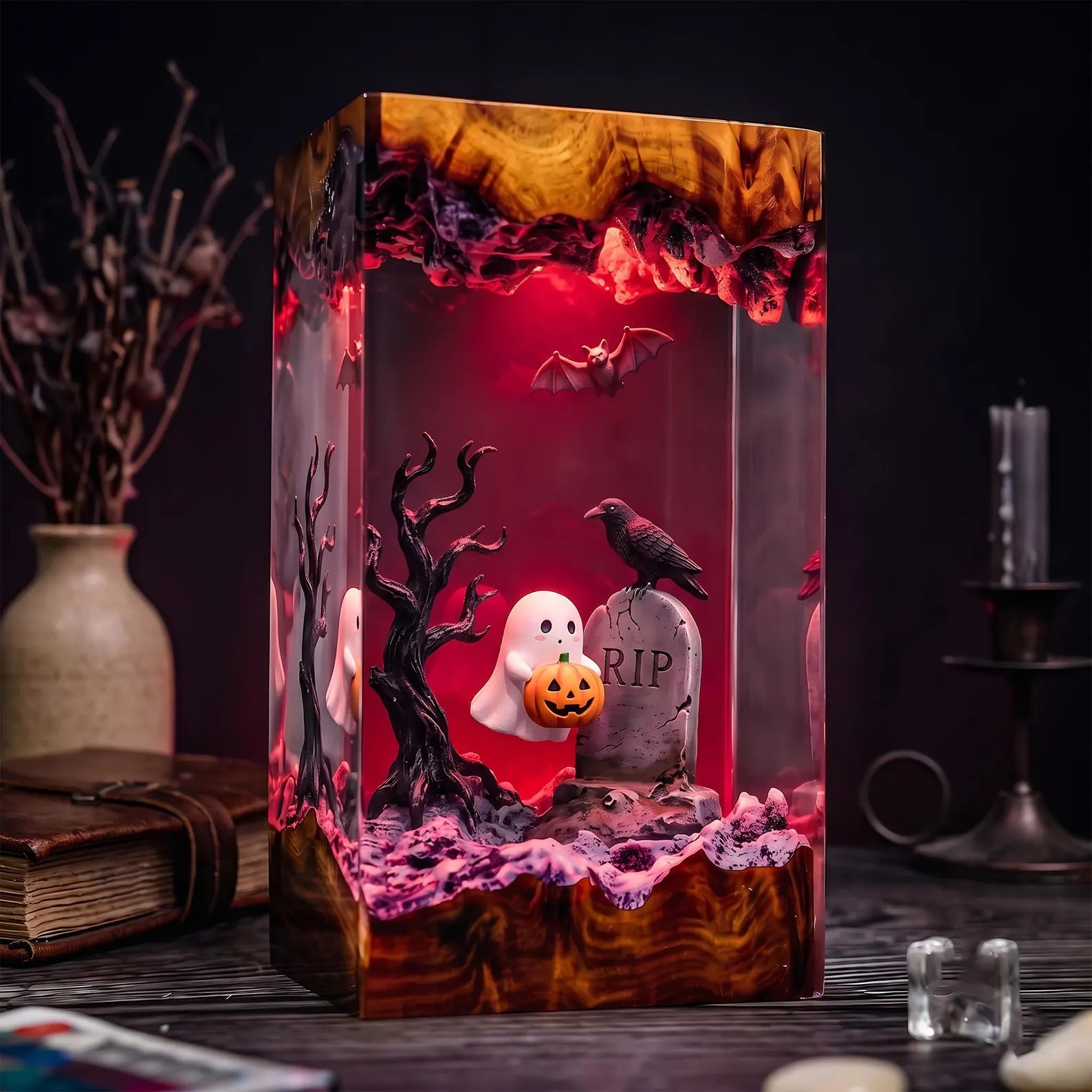 Haunted Raven Resin Lamp, Ghostly Cemetery Night Light, Jack O Lantern Decor, Flying Bats, Handmade Epoxy Halloween Gift. RLPETAL16