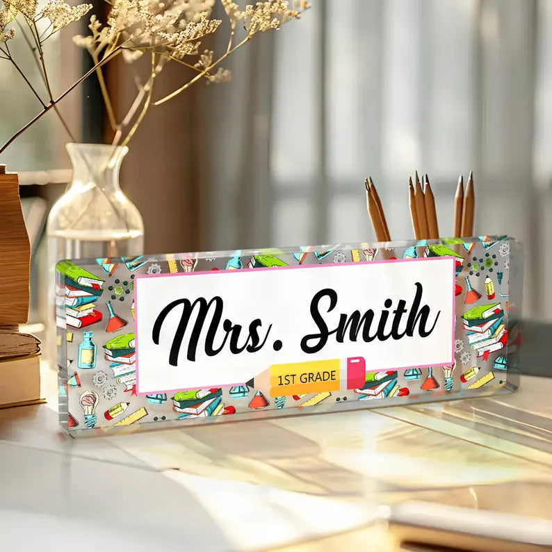 Personalized Teacher Desk Name Plate, Custom Acrylic Classroom Sign, School Decor, Back to School Gift. DNPETAL06