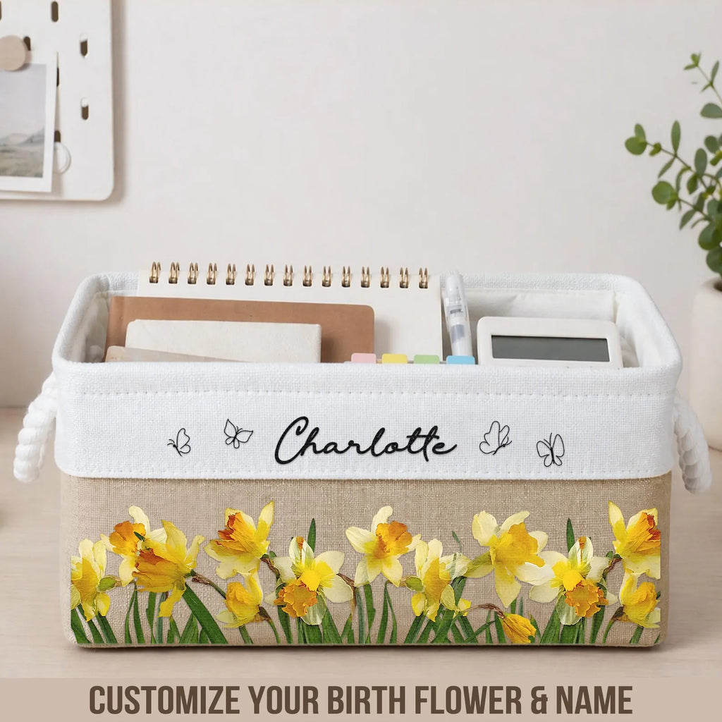 Personalized Birth Month Flower & Name Storage Book Basket, Custom Birth Flower Gift for Her, Wife, Daughter, Sister, Coworker, Reading Gift. BBPETAL6