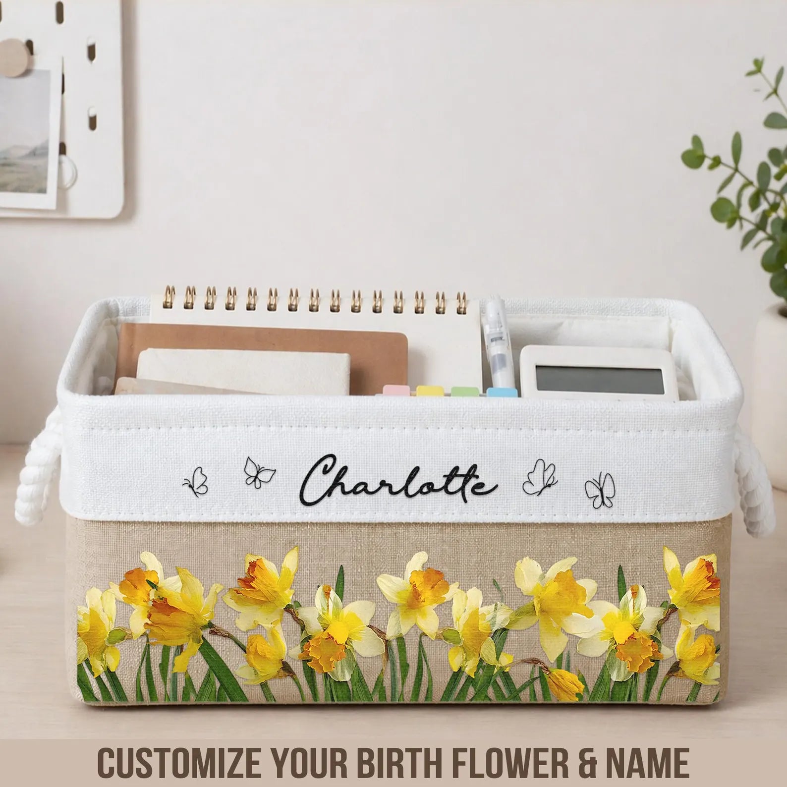 Personalized Birth Month Flower & Name Storage Book Basket, Custom Birth Flower Gift for Her, Wife, Daughter, Sister, Coworker, Reading Gift. BBPETAL6