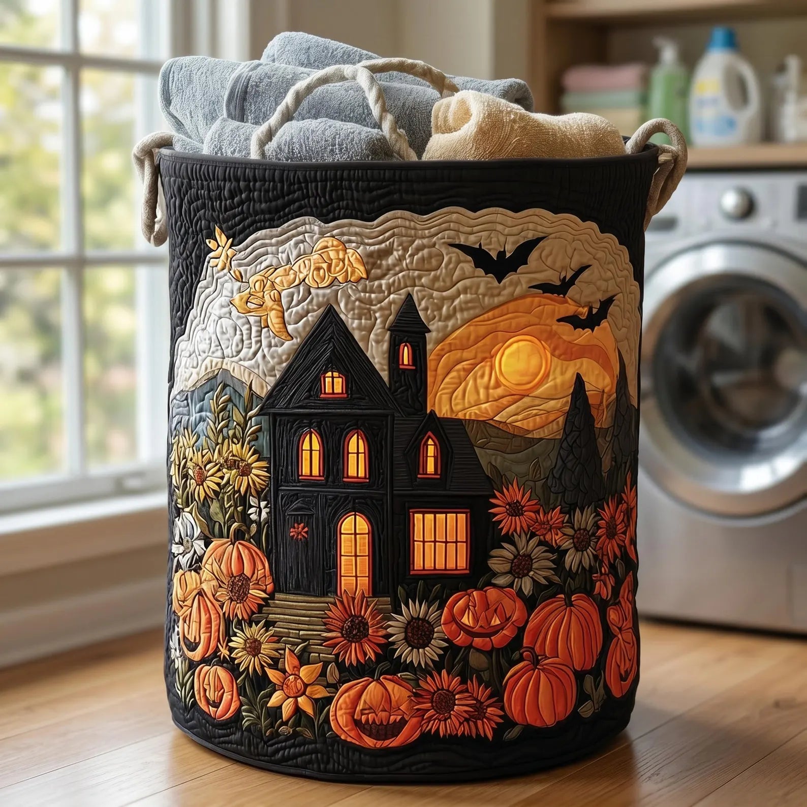 Halloween Night Laundry Basket, Spooky Fall Home Decor, Laundry Room Organizer, Halloween Gift, Housewarming Gift, Mother's Day Gift. HLWLBPETAL2
