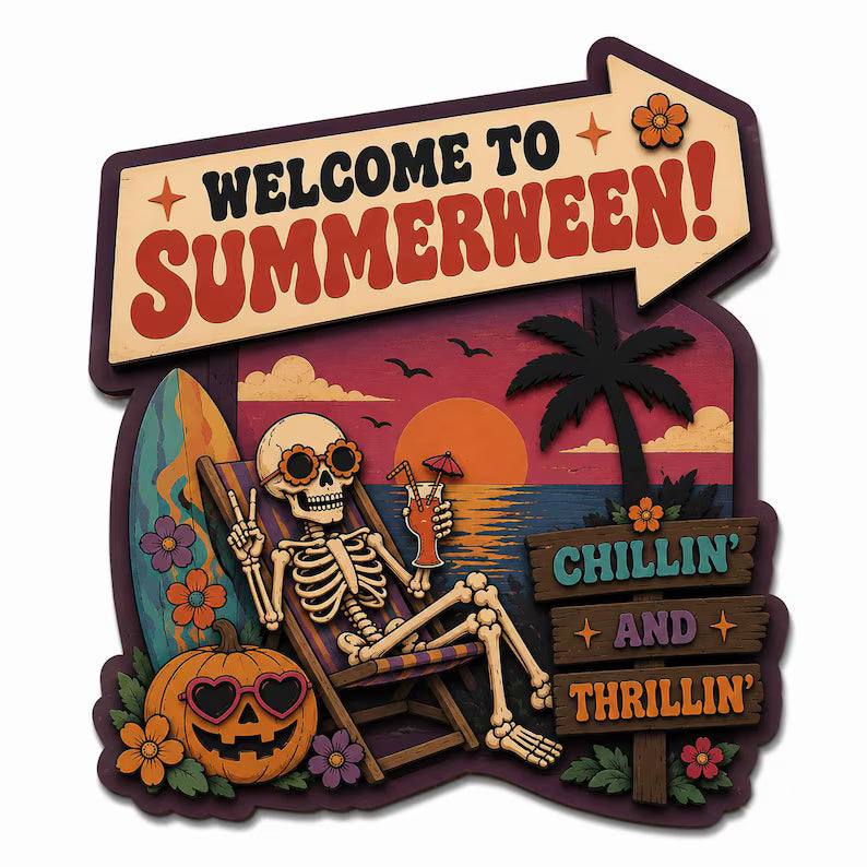 Summerween Wooden Sign, Skeleton Beach Decor, Halloween Summer Door Hanger, Chillin And Thrillin Sign, Coastal Halloween. HLWDHPETAL01