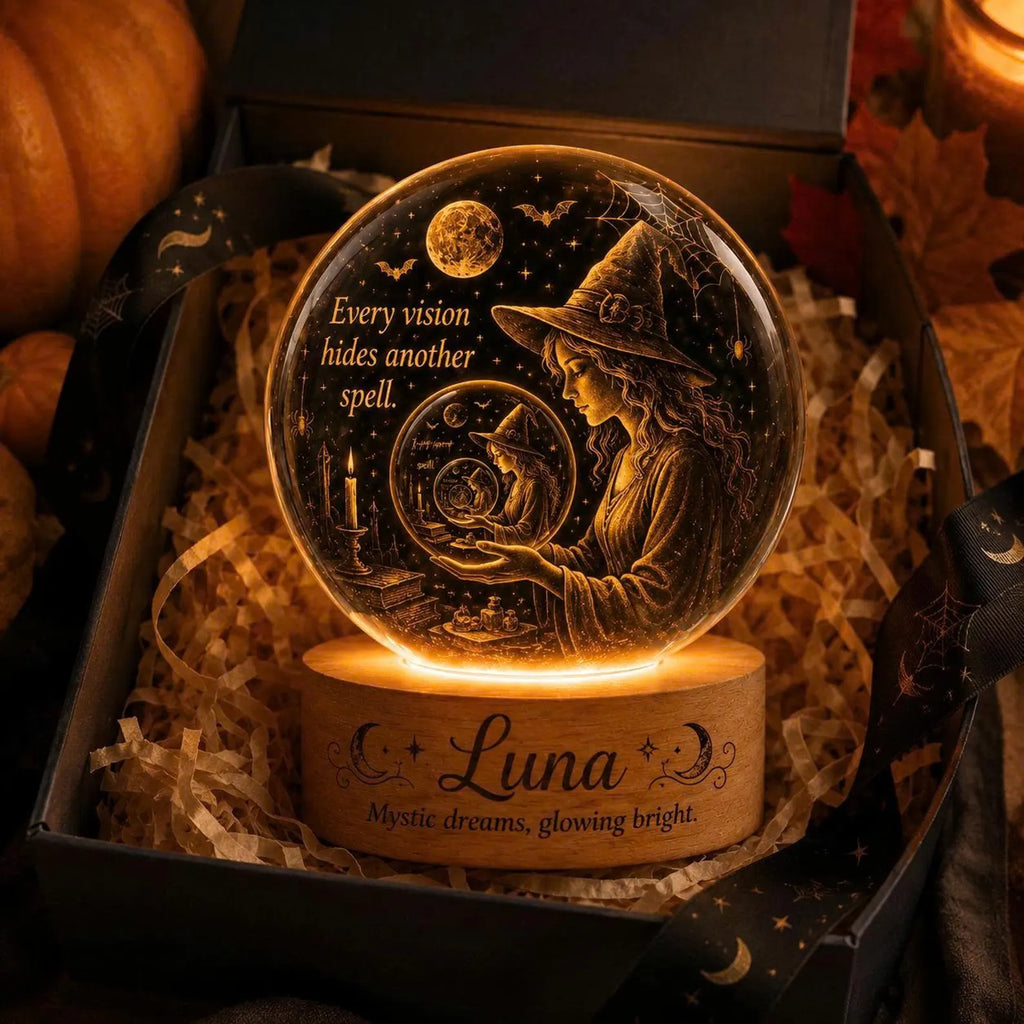 Personalized Witch Crystal Ball Night Light, Halloween LED Lamp, Fortune Teller Decor. LEDPETAL17