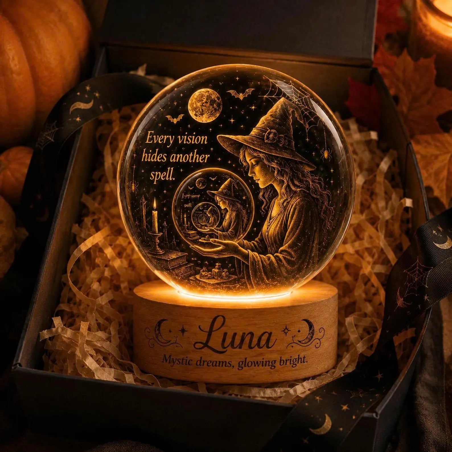 Personalized Witch Crystal Ball Night Light, Halloween LED Lamp, Fortune Teller Decor. LEDPETAL17