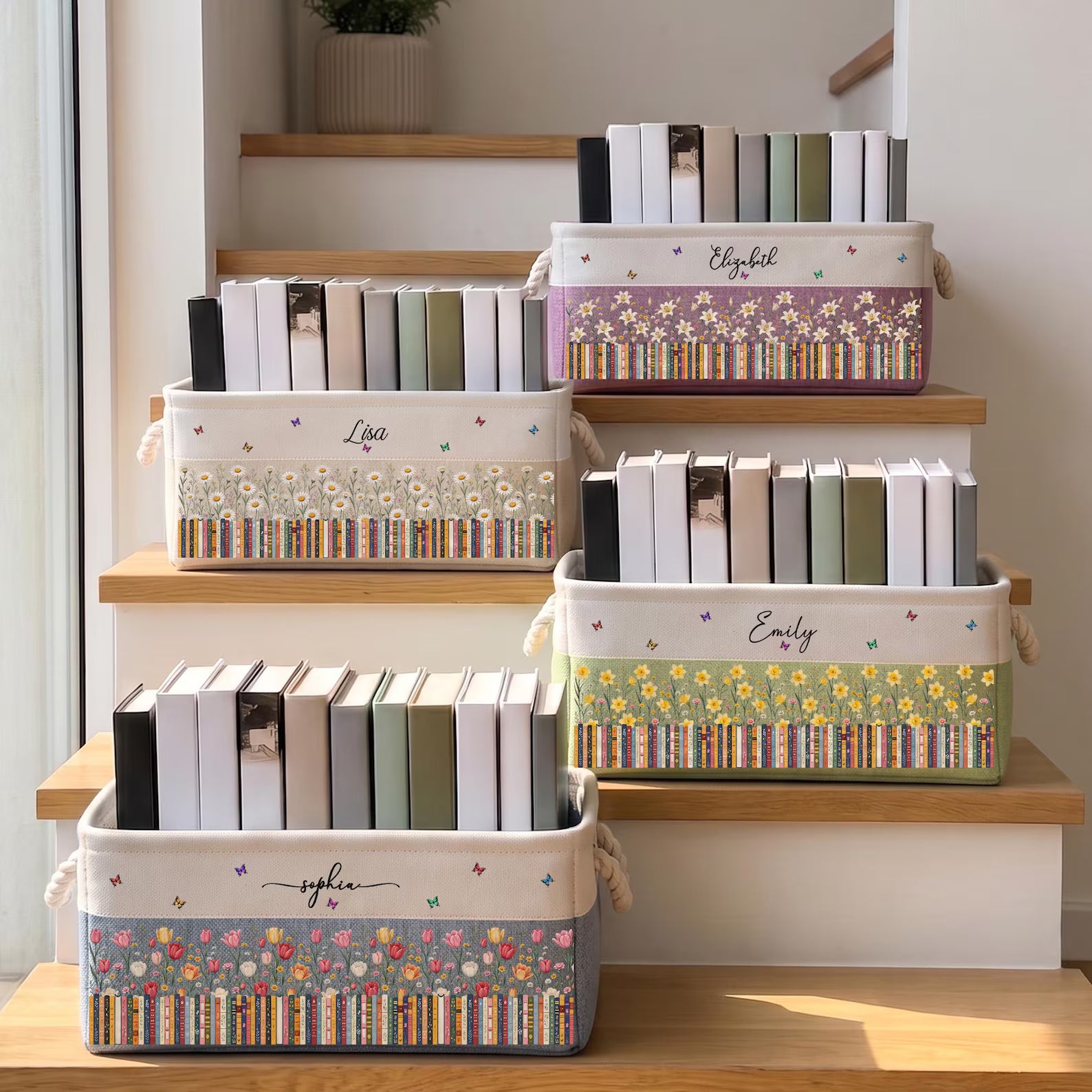 Custom Birth Flower Book Basket With Name, Floral Canvas Storage Bin, Book Lover Decor, Personalized Organizing Basket, Gift For Librarian. BBPETAL1