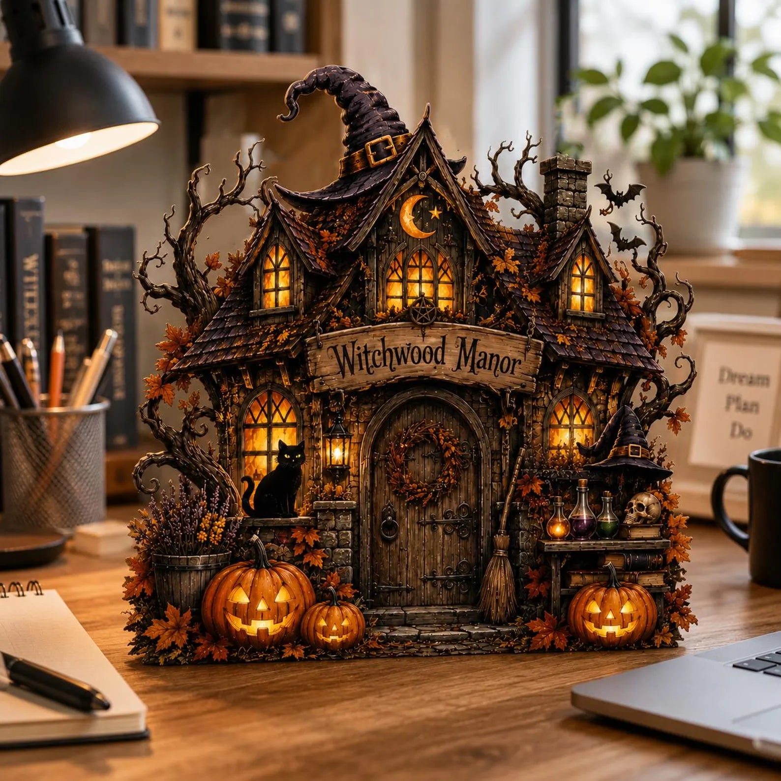 Custom Halloween Witch House Wooden Block, Personalized Pumpkin Cottage Decor, Spooky Autumn Table Sign, Witchy Home Decoration. WBPETAL1