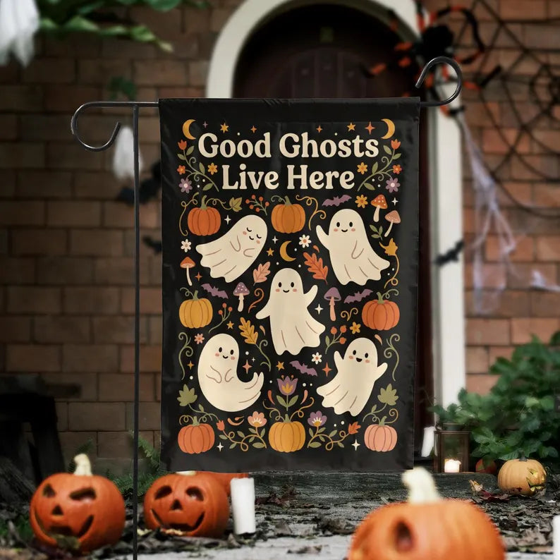 Outdoor Halloween Decorations, Garden Flag Made In Usa, Cute Ghost Pumpkin Decor, Halloween Decoration, Front Porch Decor, Housewarming Gift. HLWGFPETAL15