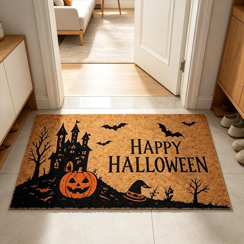 Happy Halloween Haunted House Doormat,Spooky Pumpkin & Bat Entry Rug,Halloween Front Door Decor,Retro Haunted Castle Halloween Doormat. DMPETAL9