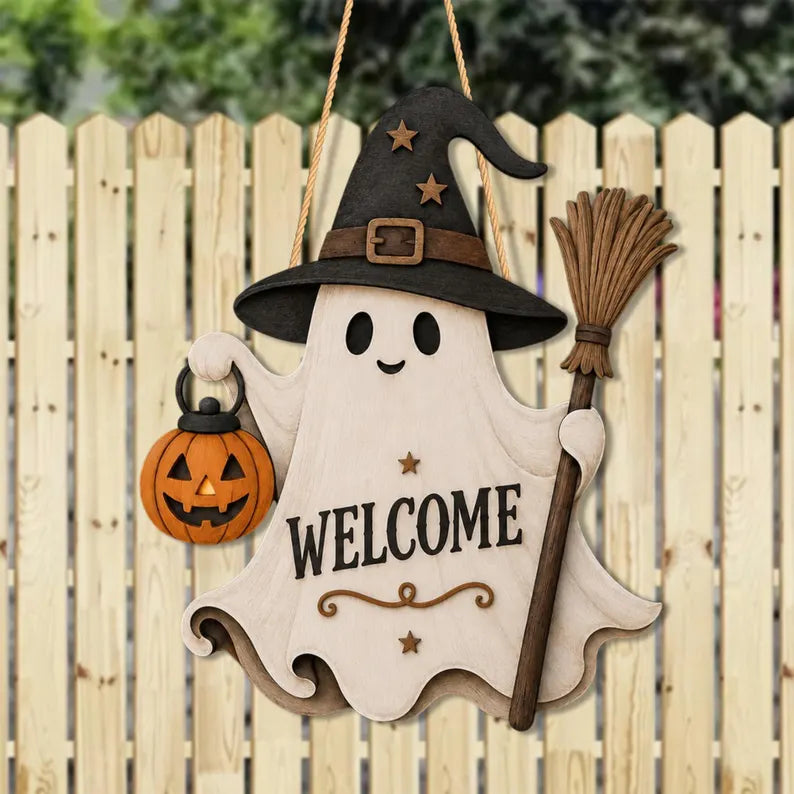 Ghost Welcome Door Hanger, Cute Halloween Ghost Sign, Witch Hat Decor, Wooden Halloween Door Sign. HLWDHPETAL02