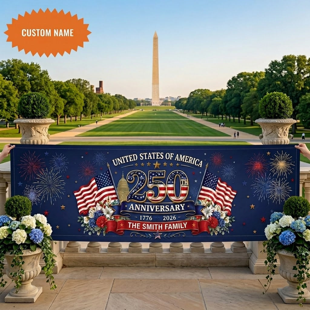 Personalized Patriotic 250th Anniversary Banner, Custom Family Name USA Decor BPETAL08