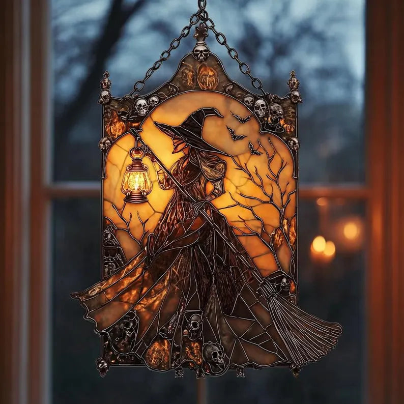 Witch Lantern Acrylic Suncatcher for Halloween Decoration | Spooky Witch Suncatcher Ornament | Gothic Witch Window Ornament, Fall Home Decor. HSPETAL4