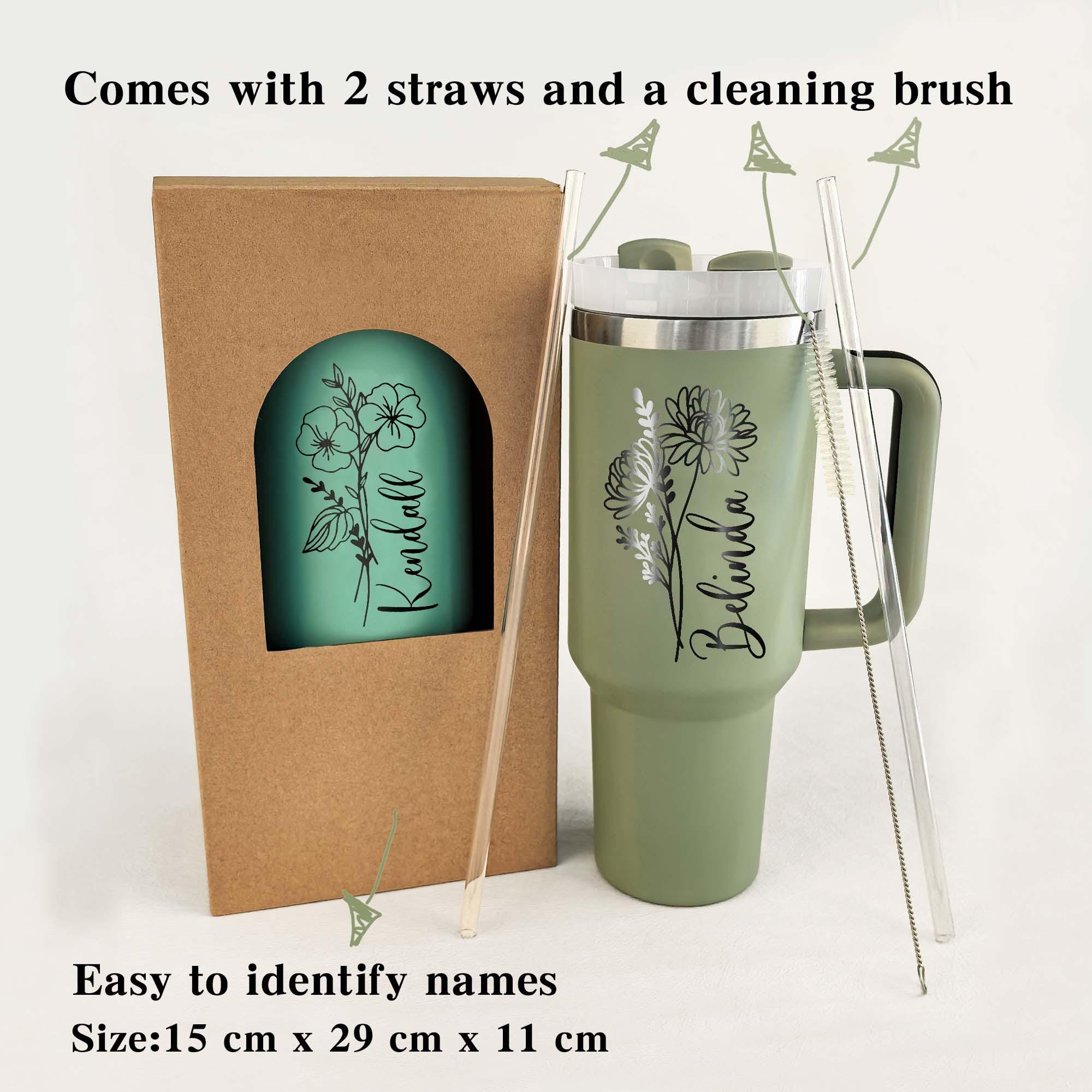 Personalized Birth Flowers 40oz Tumbler With Name, Stainless Steel Tumblers With Straw Handle, Custom Birth Month Flowers Cup, Birthday Gift