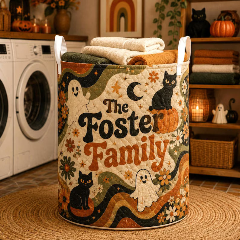 Personalized Halloween Quilt Laundry Basket, Custom Family Name Fall Storage Bin, Quilted Laundry Hamper Pumpkin Ghost Cat Home Decor Basket. LBPETAL143