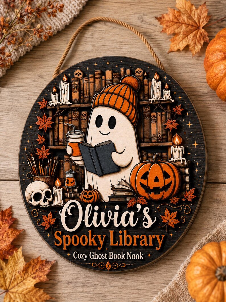 Personalized Spooky Library Wooden Door Sign, Cozy Ghost Book Nook Wall Decor, Custom Name Halloween Book Lover Witchy Home Hanging Sign. HLWDHPETAL09