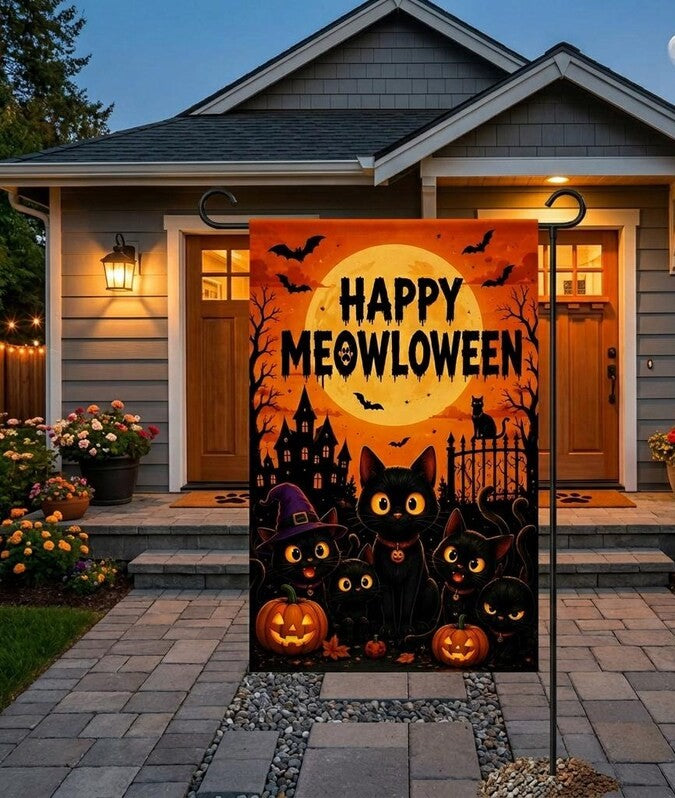 Happy Meowloween Garden Flag, Black Cat Halloween Yard Flag, Cute Spooky Pumpkin Outdoor Decor, Fall Porch Flag, Halloween Cat Lover Gift. HLWGFPETAL21