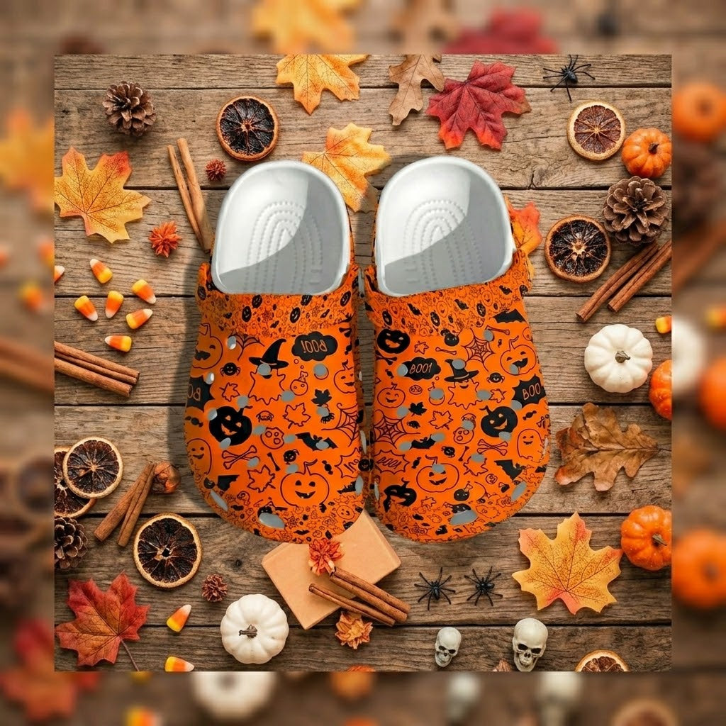Orange Halloween Pattern Clogs – Pumpkin Ghost Bat Fall Shoes. Happy Halloween Ghost Pumpkin. CLPETAL08