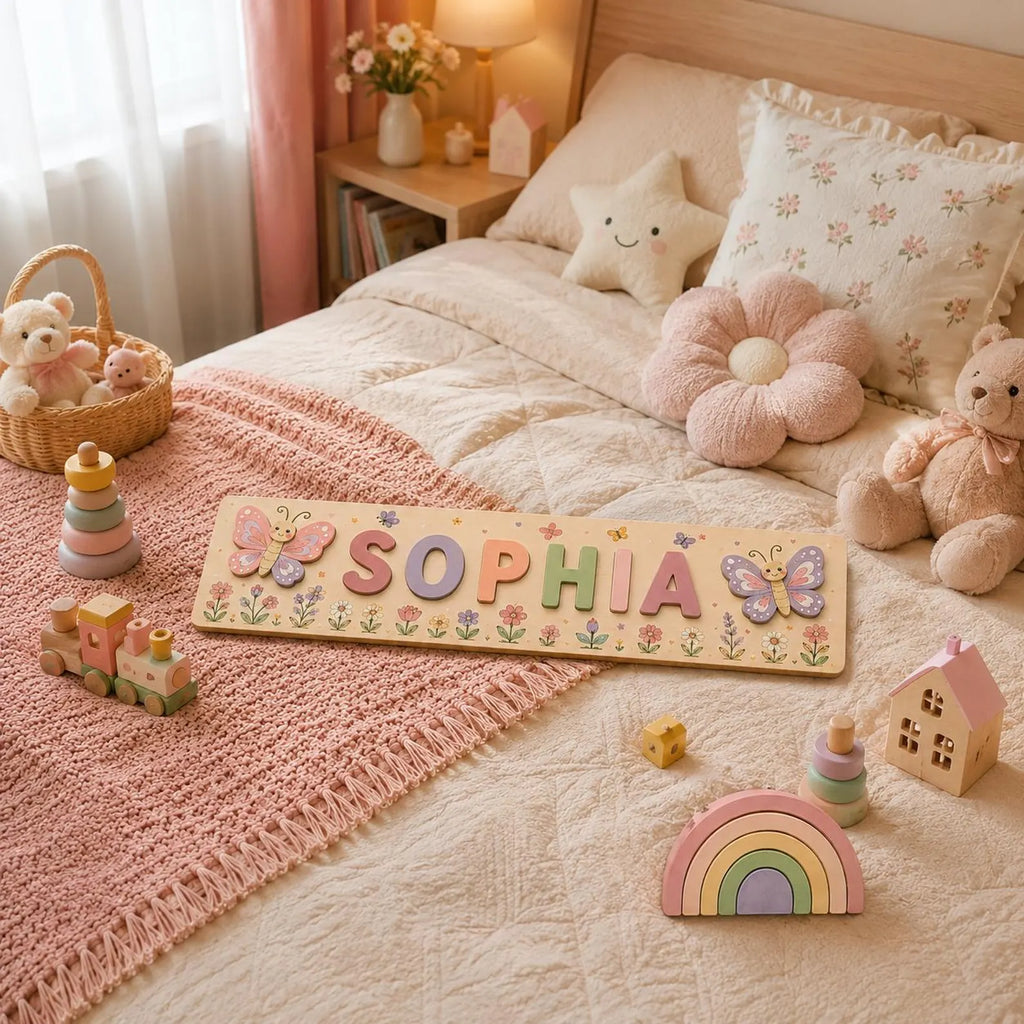 Personalized Butterfly Name Puzzle, Custom Floral Busy Board, Montessori Learning Toy, Wooden Toddler Gift, Nursery Decor. NPPETAL11
