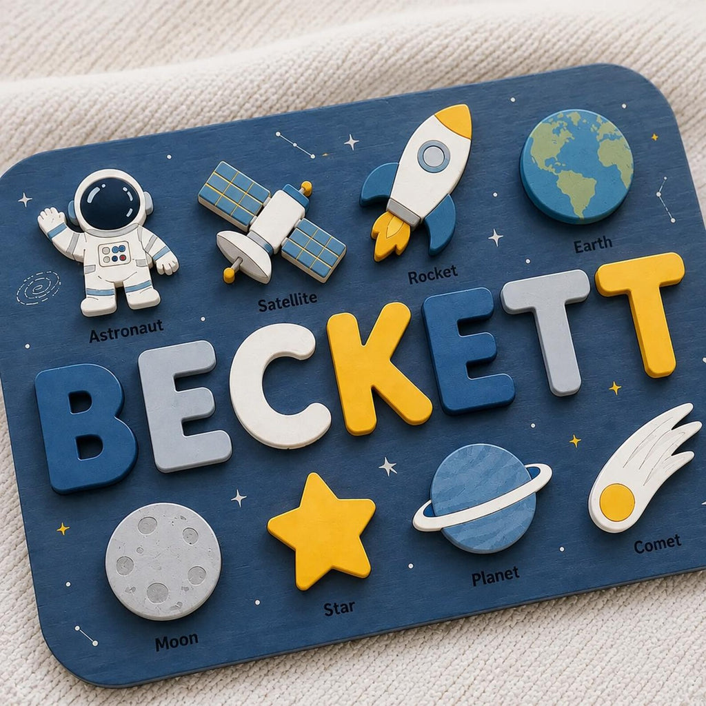 Personalized Space Name Puzzle | Astronaut Rocket Wooden Name Puzzle | Custom Toddler Puzzle | Montessori Baby Gift. NPPETAL23