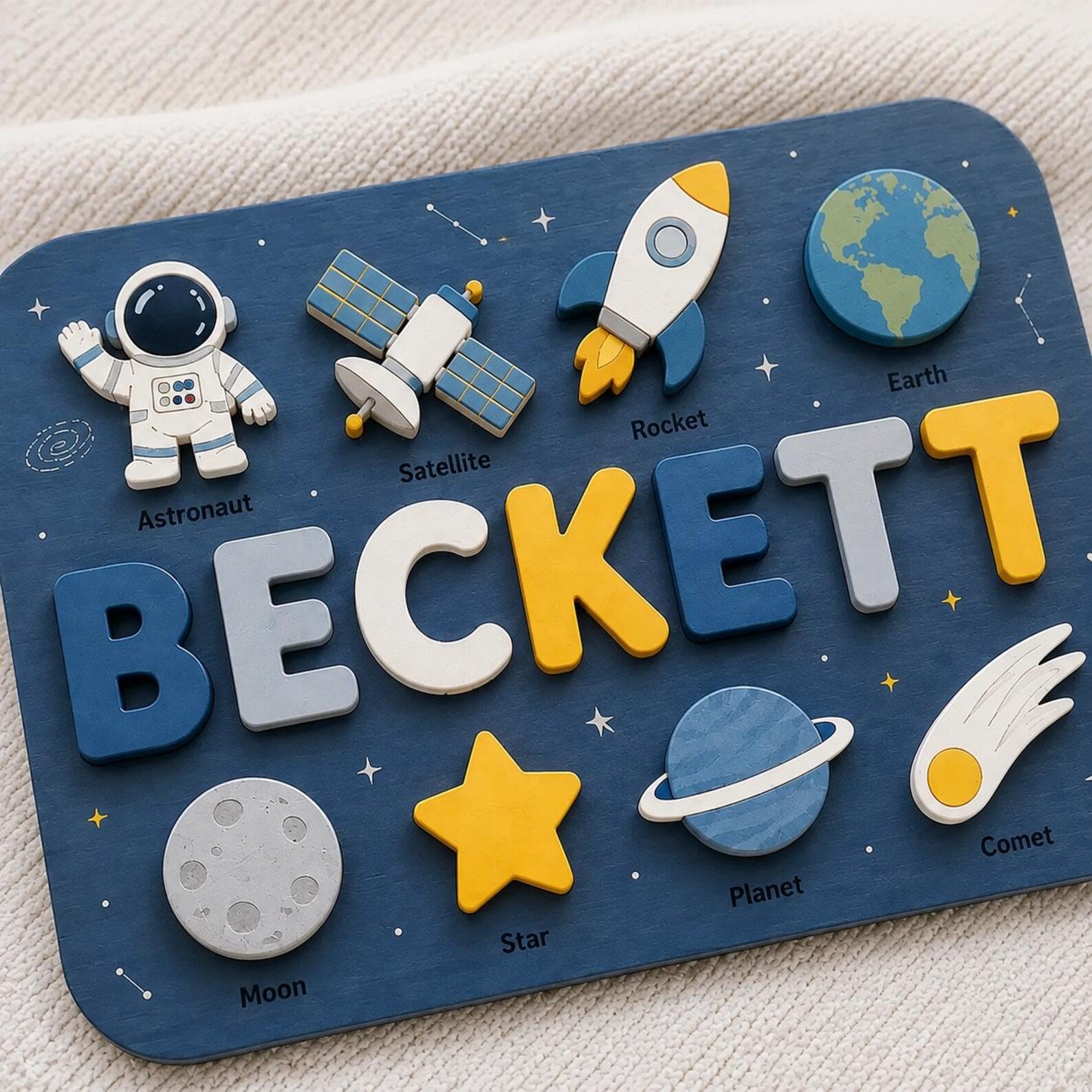 Personalized Space Name Puzzle | Astronaut Rocket Wooden Name Puzzle | Custom Toddler Puzzle | Montessori Baby Gift. NPPETAL23