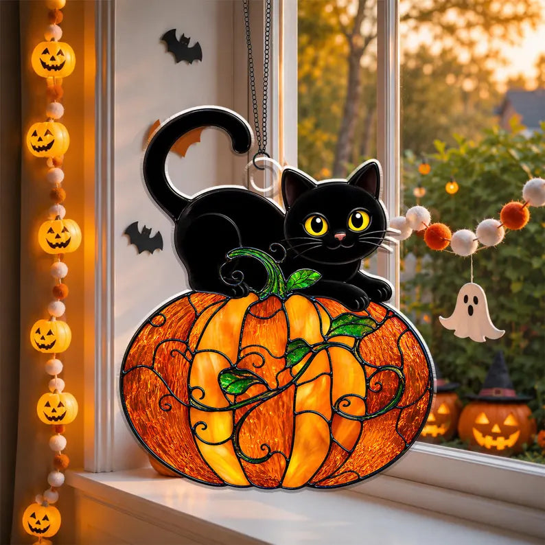 Cat And Pumpkin Acrylic Suncatcher Ornament, Halloween Suncatcher Window Hanging, Halloween Decor, Black Cat Lover Gift, Cute Halloween Gift. HSPETAL6