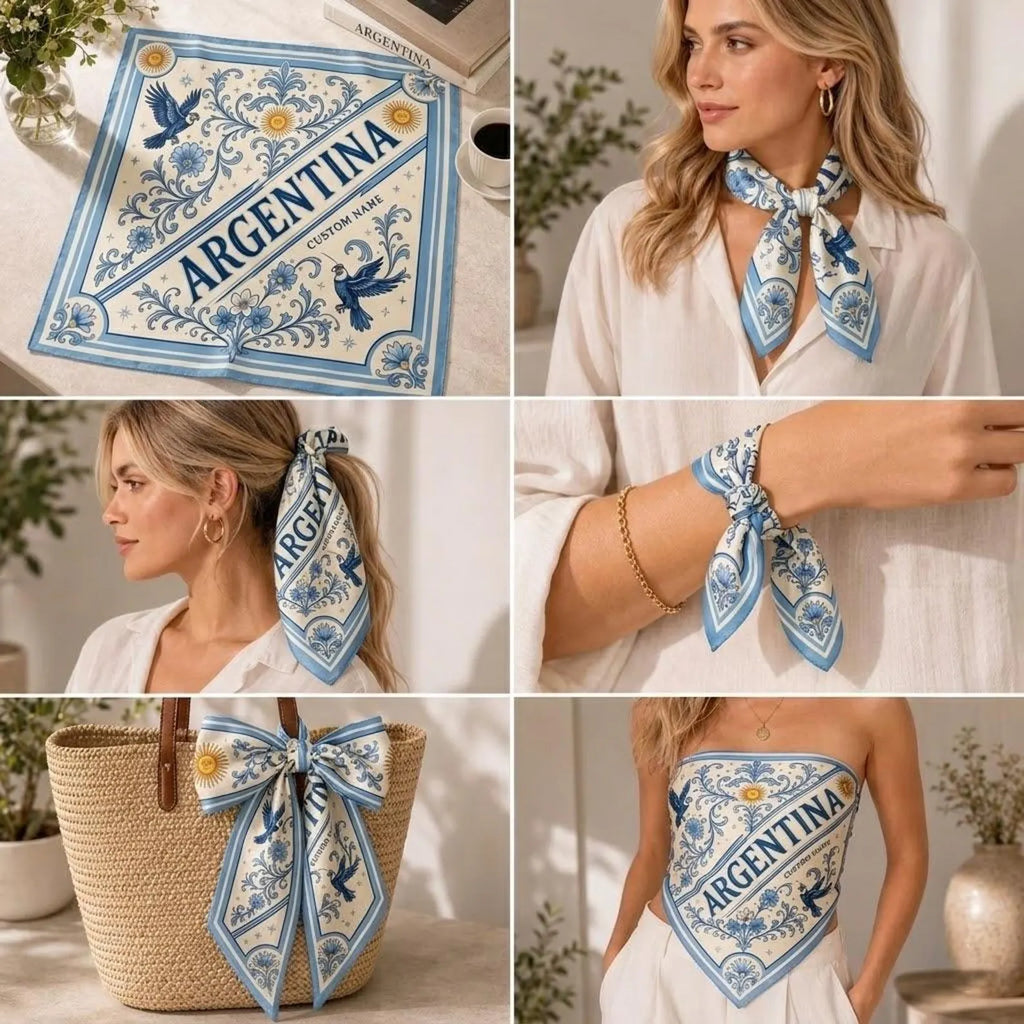 Custom Argentina Satin Scarf, Argentine Fan Bandana, Personalized Country Scarf, Custom Name Argentina Satin Scarf. SSPETAL12