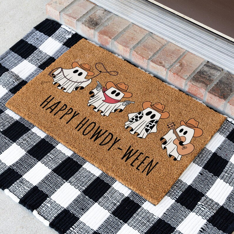 Halloween Cowboy Ghost Doormat, Happy Howdy-Ween Doormat, Fun Decorative Welcome Mat for Spooky Season, Cowboy Ghost Themed Home Decor. DMPETAL21