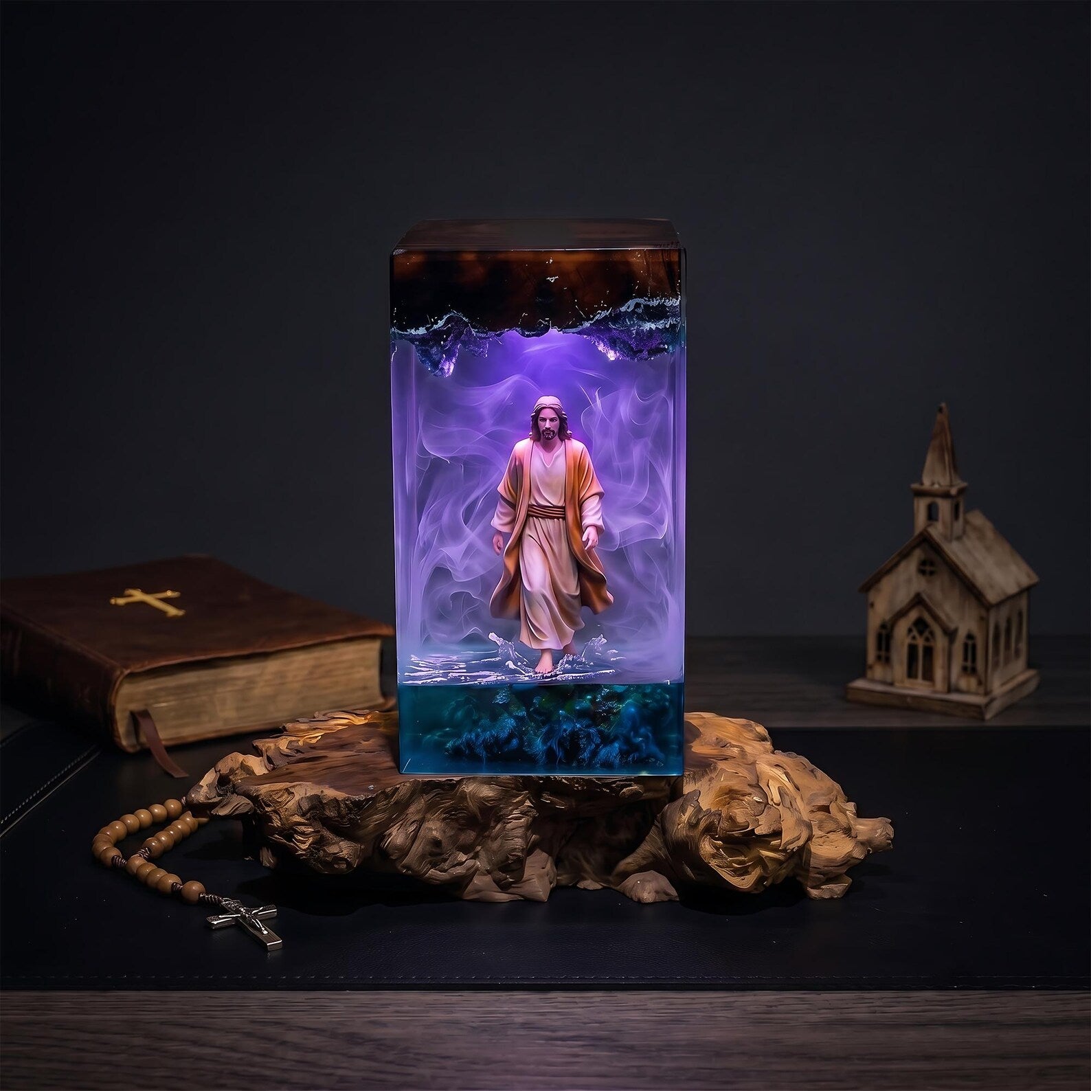 Jesus on the Sea Resin Art Lamp, Walking on Water Night Light, Christian Home Decor, Faith Inspired Gift Idea. RLPETAL19